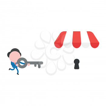 Vector illustration businessman character running and carrying key to unlock shop store keyhole.