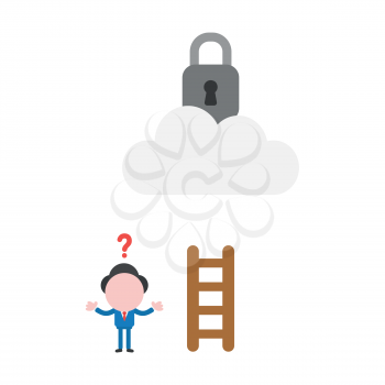 Vector illustration confused businessman character  cannot reach padlock on cloud with short wooden ladder.