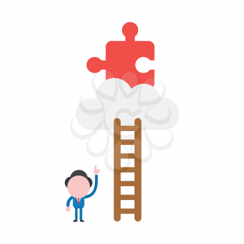 Vector illustration businessman character pointing missing jigsaw puzzle piece on cloud to reach with wooden ladder.