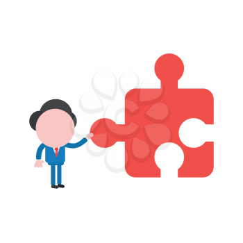 Vector illustration businessman character holding red jigsaw puzzle piece.