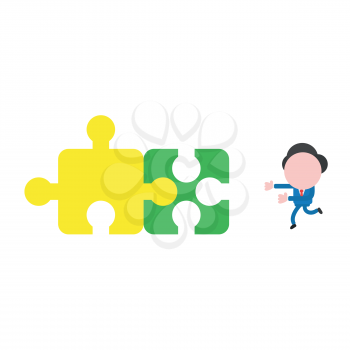 Vector illustration businessman character running to connected two jigsaw puzzle pieces.