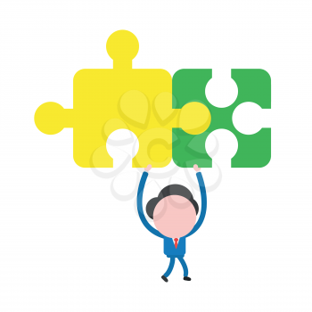 Vector illustration businessman character walking and holding up connected two jigsaw puzzle pieces.
