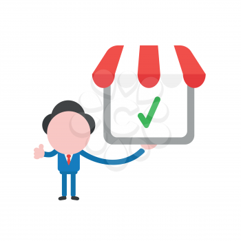 Vector illustration businessman character holding shop store with check mark and gesturing thumbs up.