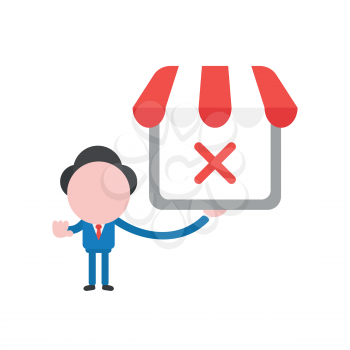 Vector illustration businessman character holding shop store with x mark and gesturing hand stop sign.