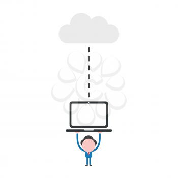 Vector illustration businessman character holding up laptop computer connecting with cloud.