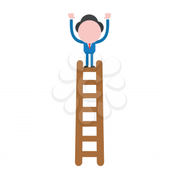 Vector illustration businessman character standing on top of wooden ladder.