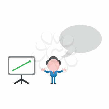 Vector illustration businessman character with blank speech bubble and sales chart arrow moving up.