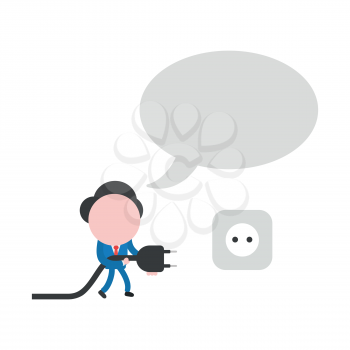 Vector illustration businessman character with blank speech bubble, walking and holding plug to plugged into outlet.