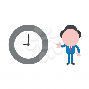 Vector illustration businessman character gesturing thumbs up with clock time icon.