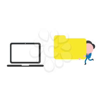 Vector illustration businessman character running and carrying closed file folder to laptop computer.