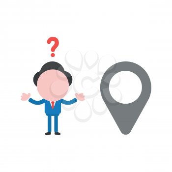 Vector illustration confused businessman character with map pointer.