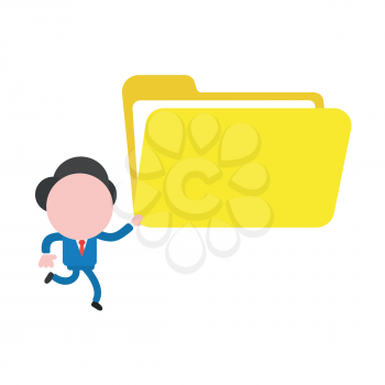 Vector illustration businessman character running and holding open file folder.