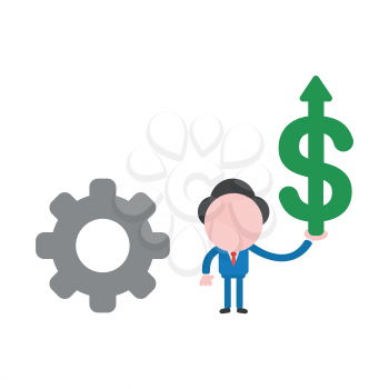 Vector illustration businessman character with gear and holding dollar arrow moving up.
