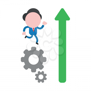 Vector illustration businessman character running on gears and arrow moving up.
