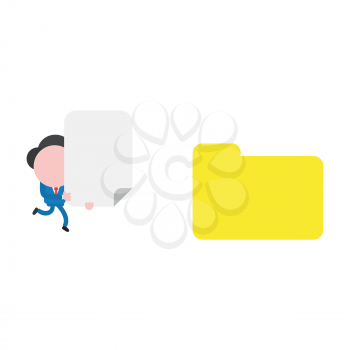 Vector illustration businessman character running and carrying blank paper to closed file folder.