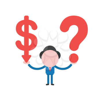 Vector illustration businessman character holding dollar arrow down and question mark.