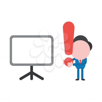 Vector illustration businessman character holding exclamation mark with blank presentation chart.