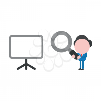 Vector illustration businessman character holding magnifying glass and looking at blank presentation chart.