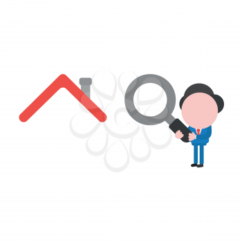 Vector illustration businessman character holding magnifying glass and looking at house roof.