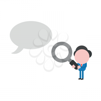 Vector illustration businessman character holding magnifying glass and looking at blank speech bubble.