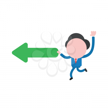 Vector illustration businessman character running and carrying arrow moving left.