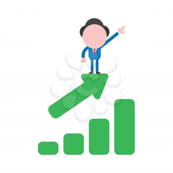 Vector illustration businessman character pointing up and standing on sales chart arrow moving up.