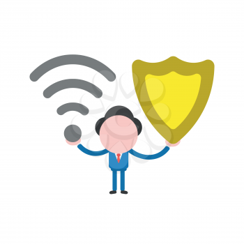 Vector illustration businessman character holding wireless wifi symbol and guard shield.