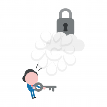 Vector illustration businessman character holding key and looking padlock on cloud.