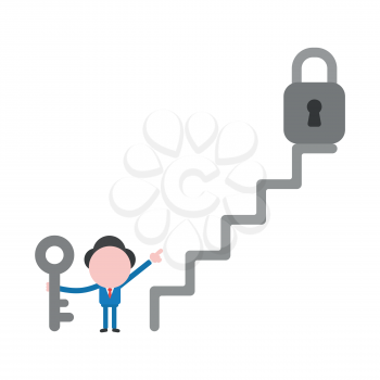 Vector illustration businessman character holding key and pointing padlock on top of stairs.
