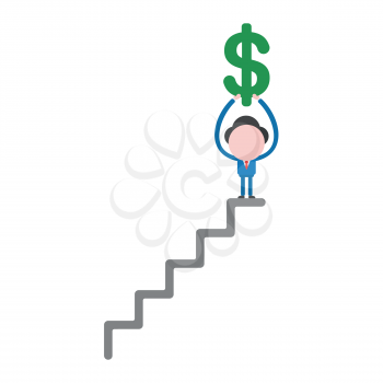 Vector illustration businessman character holding up dollar symbol on top of stairs.