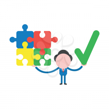 Vector illustration businessman character holding connected jigsaw puzzle pieces and check mark.