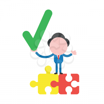 Vector illustration businessman character standing on connected jigsaw puzzle pieces and holding check mark.