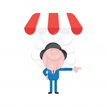 Vector illustration businessman character under shop store awning and pointing.