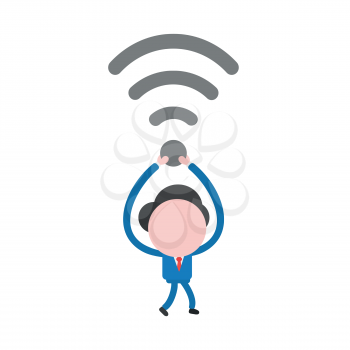 Vector illustration businessman character walking and holding up wireless wifi symbol.