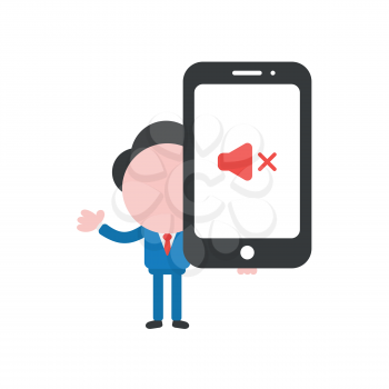 Vector illustration businessman character holding smartphone with sound off icon.