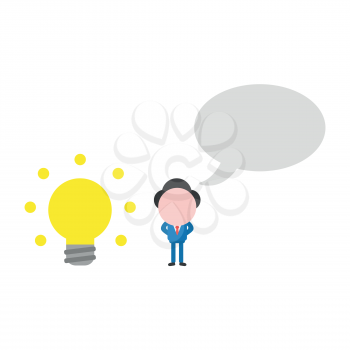 Vector illustration businessman character with glowing light bulb and blank speech bubble.