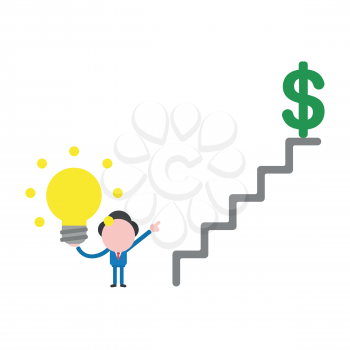 Vector illustration businessman character holding glowing light bulb and pointing dollar symbol on top of stairs.