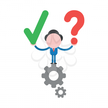 Vector illustration businessman character standing on gears and holding check mark and question mark.