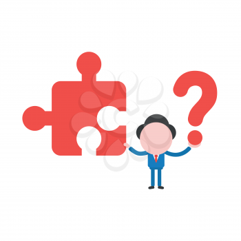 Vector illustration businessman character holding missin jigsaw puzzle piece and question mark.