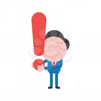 Vector illustration businessman character holding exclamation mark.