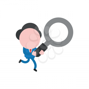 Vector illustration businessman character running and holding magnifying glass.