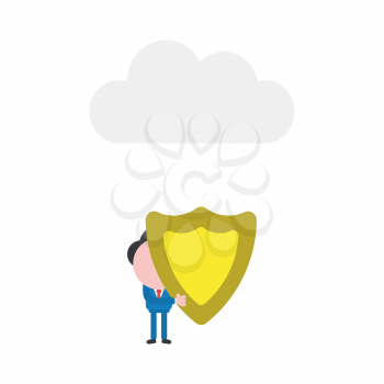 Vector illustration businessman character holding guard shield under cloud.