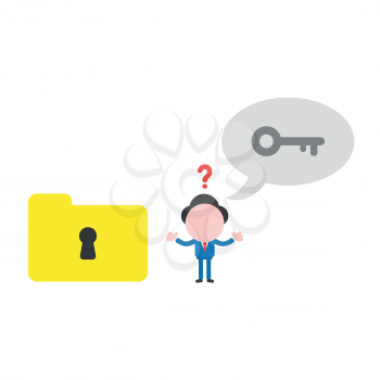 Vector illustration confused businessman character  saying key with speech bubble to unlock file folder keyhole.