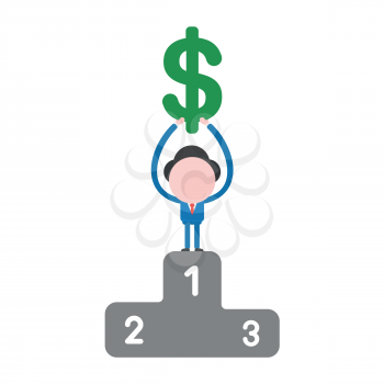 Vector illustration businessman character holding up dollar symbol on first place of winners podium.