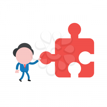 Vector illustration businessman character walking and holding missing jigsaw puzzle.