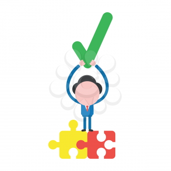 Vector illustration businessman character holding up check mark on two connected jigsaw puzzle pieces.