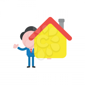 Vector illustration businessman character holding house.