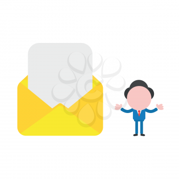 Vector illustration businessman character with blank paper in open mail envelope.