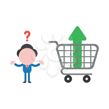 Vector illustration confused businessman character with arrow moving up inside shopping cart.