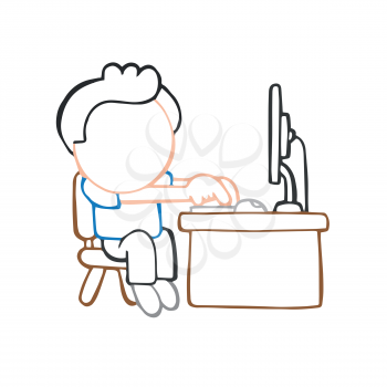 Vector hand-drawn cartoon illustration of man sitting behind desk working on computer.